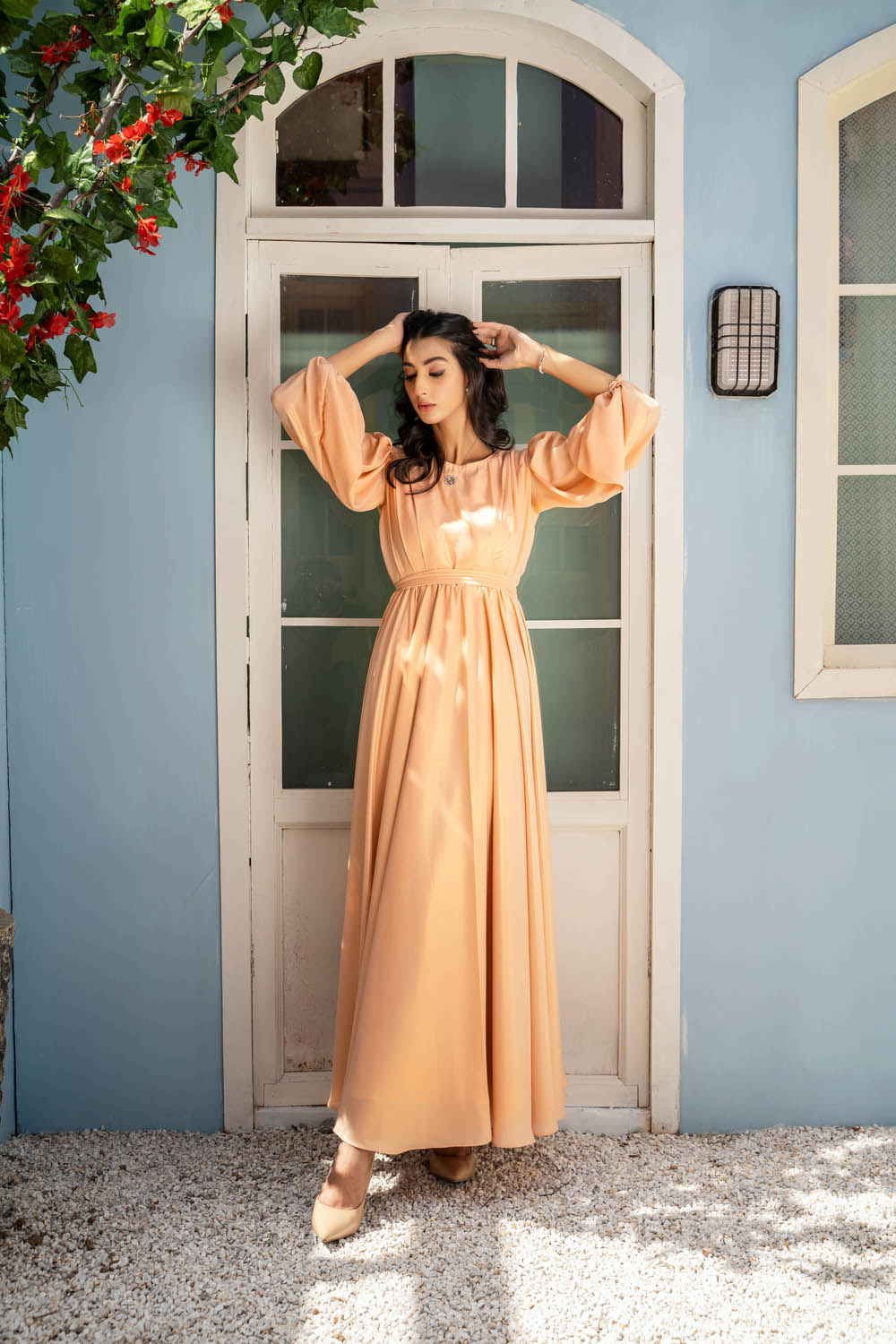 Peach Glow- Layered Chiffon Dress